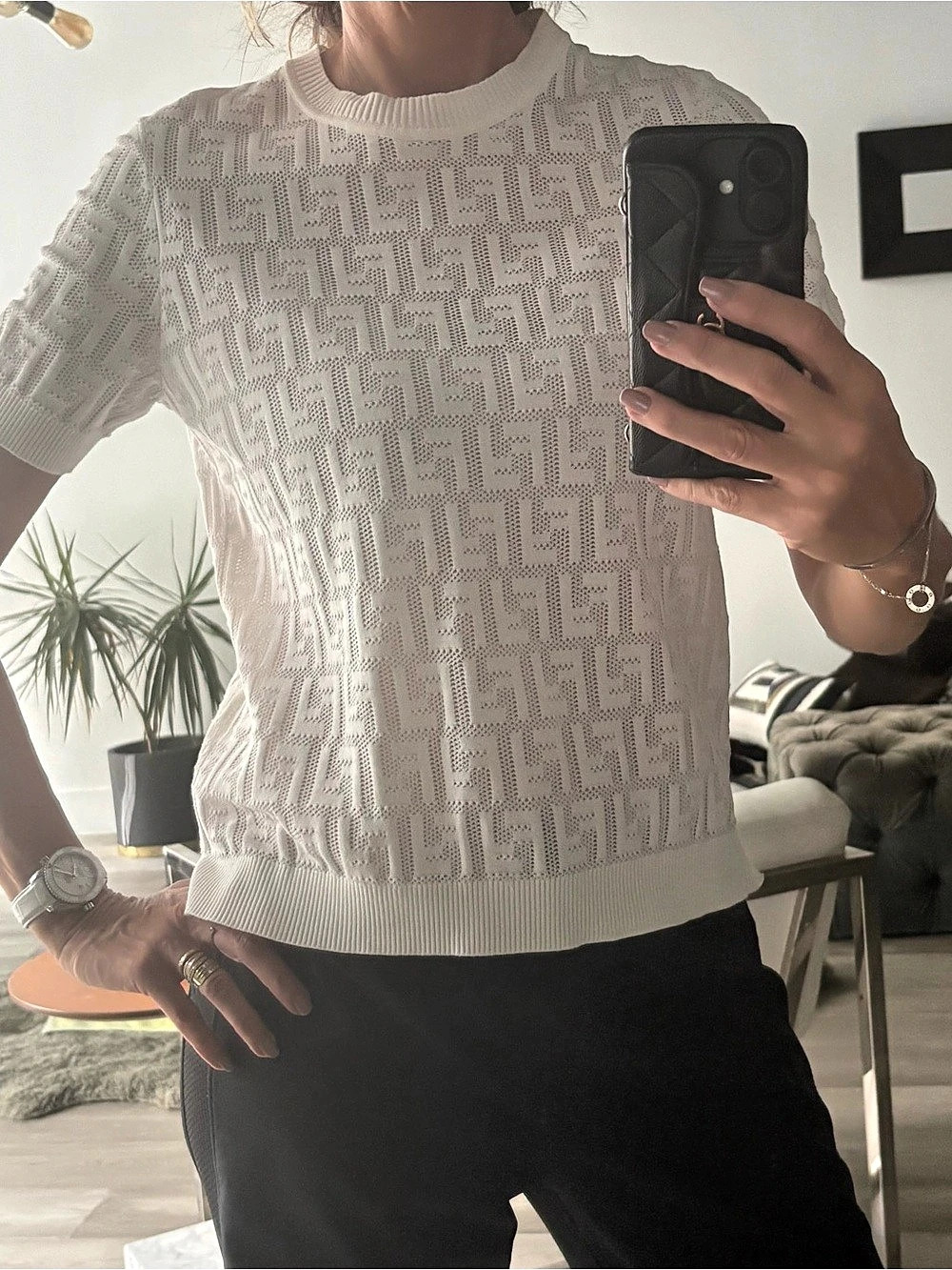 Fendi White FF Logo Short-Sleeve Knit Pullover White Size 42, US S-M
